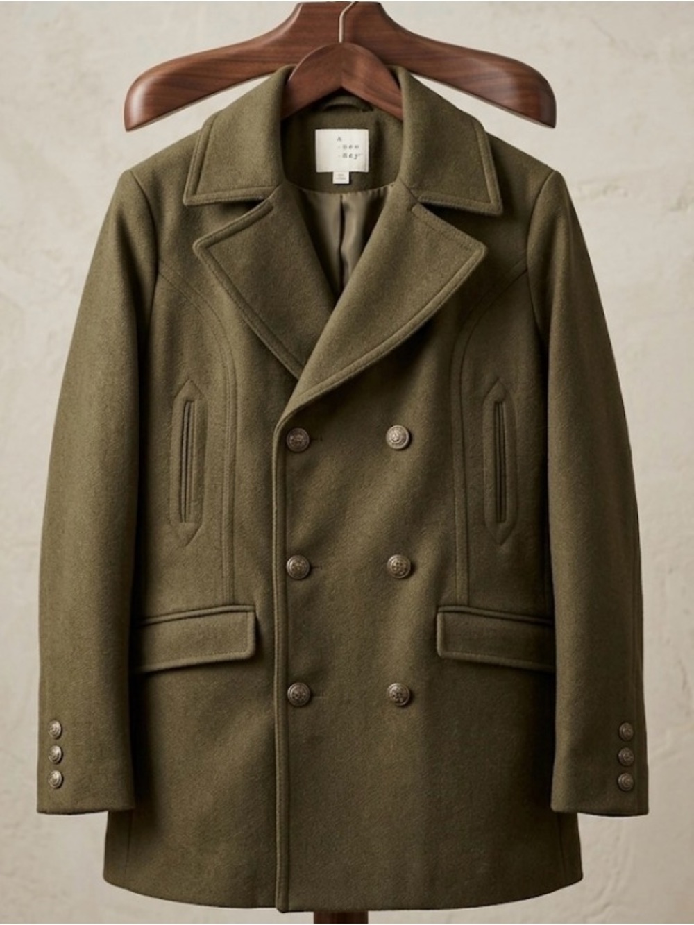 Double-Breasted Wool Peacoat - Olive